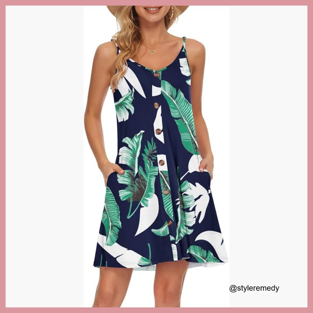 Spaghetti Strap V Neck Button Down Casual Dress W… - image 1